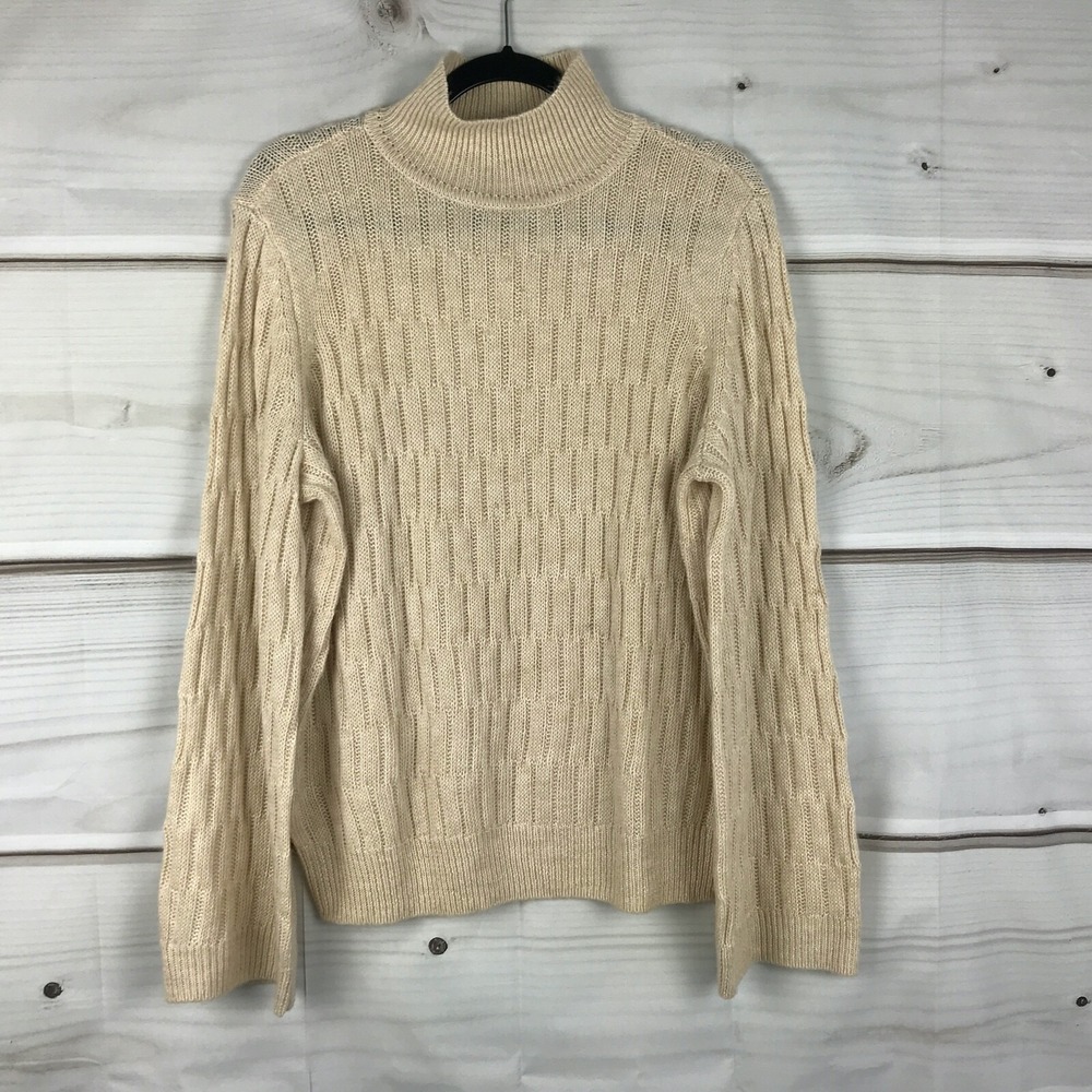 Lisa Rinna Sweater Womens L Beige Textured Wide Sleeve Turtleneck Pullover Solid